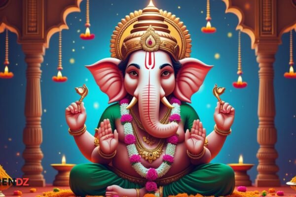 Ganesh Chaturthi 2025 celebrations with Lord Ganesha idol, modaks, diyas, and festive decorations