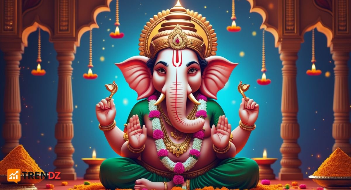 Ganesh Chaturthi 2025 celebrations with Lord Ganesha idol, modaks, diyas, and festive decorations