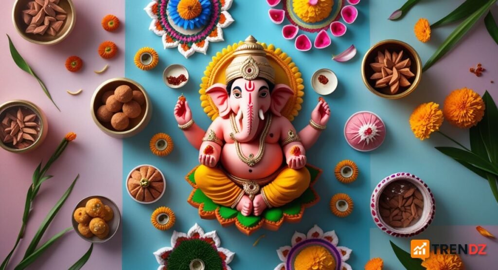 Ganesh Chaturthi wishes setup with Ganesha idol, modaks, flowers and diyas