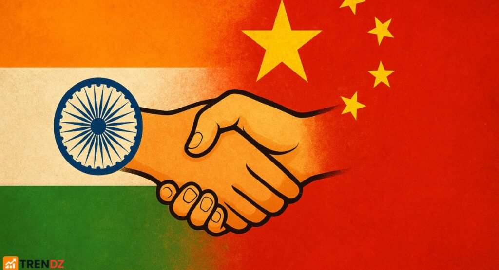  India and China flags with handshake symbolizing cooperation at SCO.