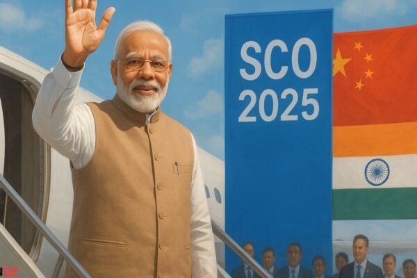 PM Narendra Modi waves on arrival in China for the SCO 2025 summit.
