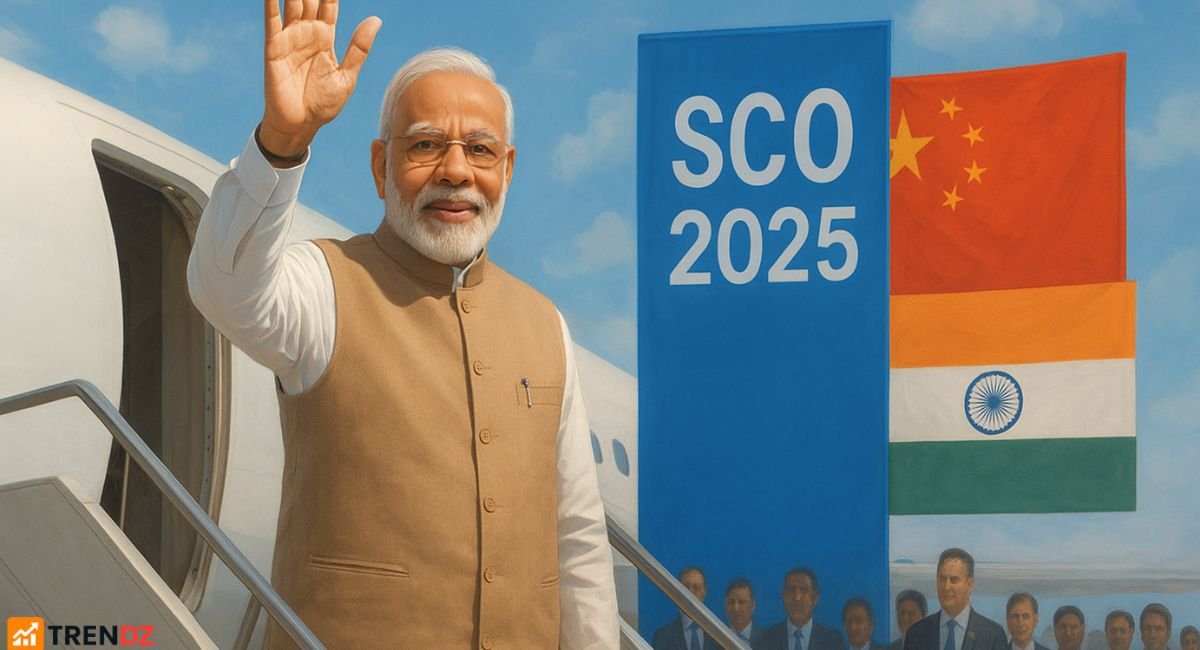 PM Narendra Modi waves on arrival in China for the SCO 2025 summit.