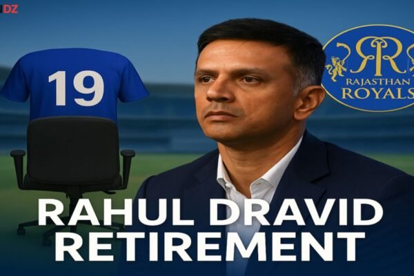 Symbolic graphic showing Rahul Dravid stepping down as Rajasthan Royals coach with jersey number 19 and cricket stadium background.