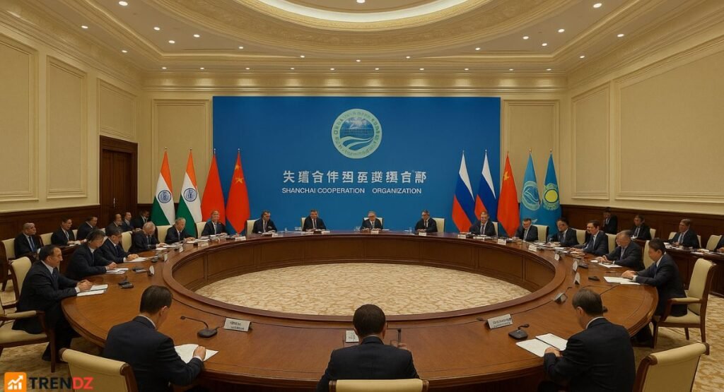  Leaders from SCO member countries seated at the summit table in China 2025.