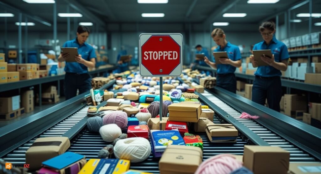  Chaotic US postal warehouse with stopped international packages after Trump's de minimis rule change.

