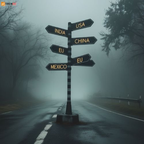 Foggy crossroads sign symbolizing the uncertain future of international trade after Trump tariffs.