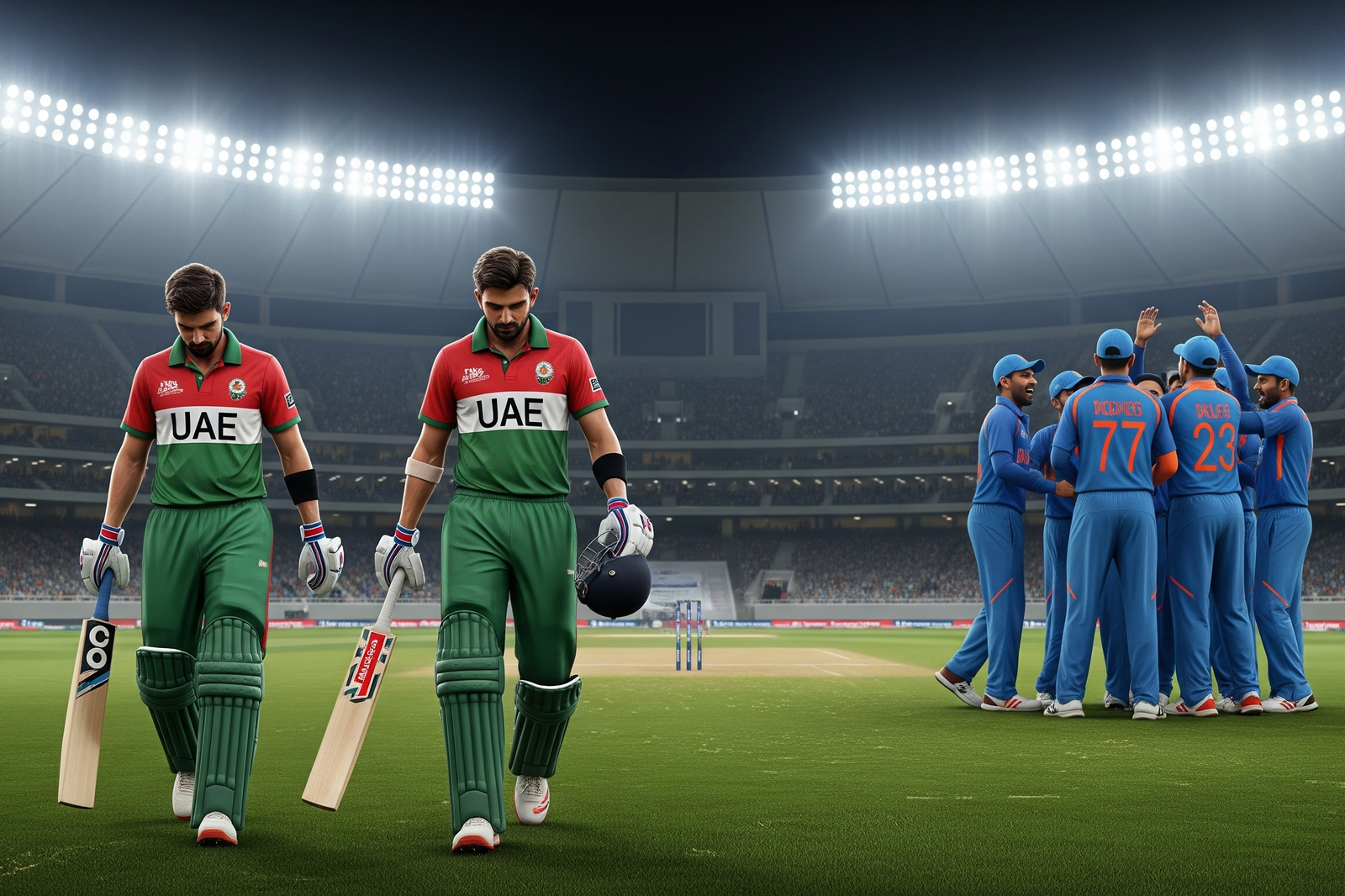 UAE batsmen walk back after quick dismissals against India in Dubai
