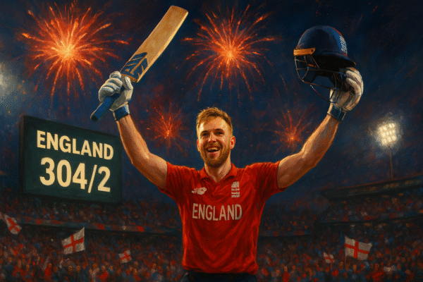 Phil Salt celebrates his unbeaten 141 in a T20I, raising his bat and helmet with fireworks behind him at Old Trafford for England.