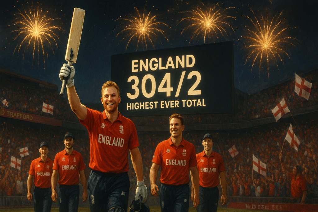 England cricket team walks off smiling after scoring a record 304/2 in a T20I against South Africa.