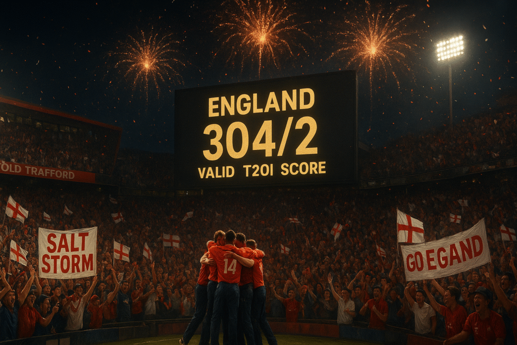 England fans celebrate at Old Trafford with flags and banners after a record T20I win.