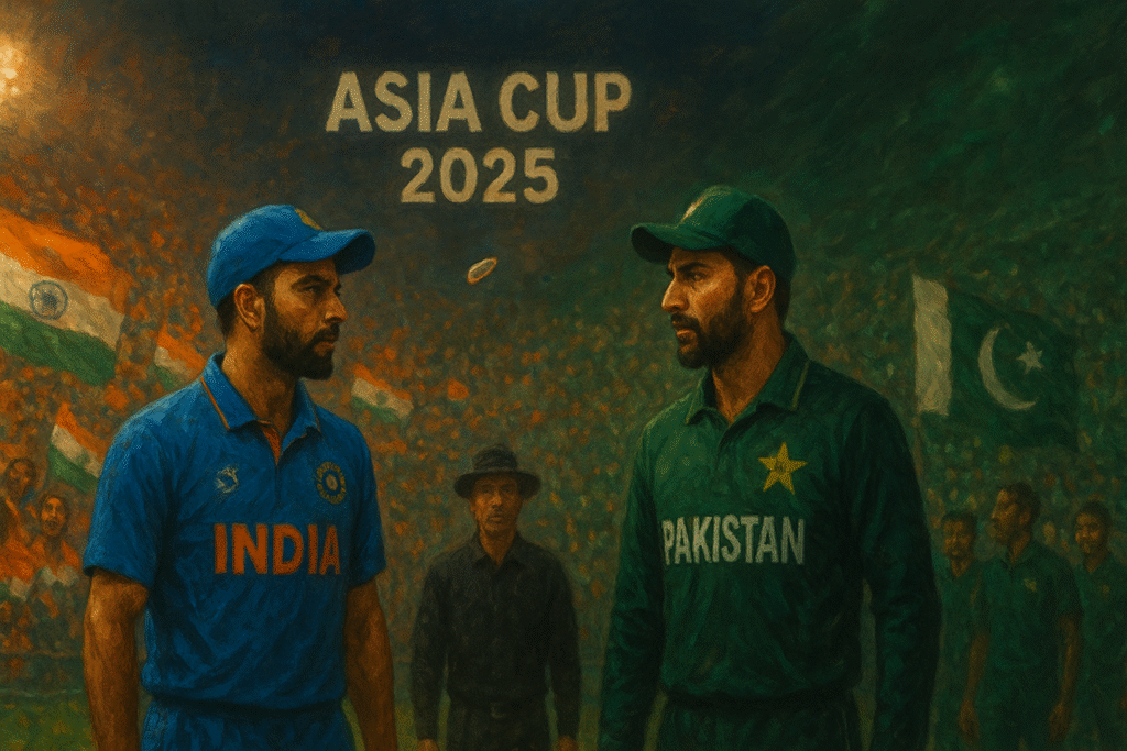 India and Pakistan cricket captains face off at the toss during Asia Cup 2025 with fans divided by flags.