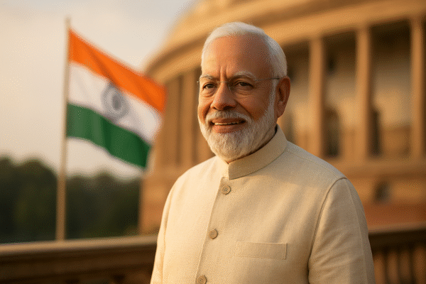 Official portrait of a 75-year-old Prime Minister Narendra Modi smiling warmly on a balcony with the Indian flag at sunset.