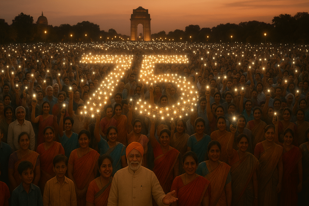 A massive, diverse crowd at India Gate holds up lit phones to form the number 75 in a joyful celebration of PM Modi's birthday.