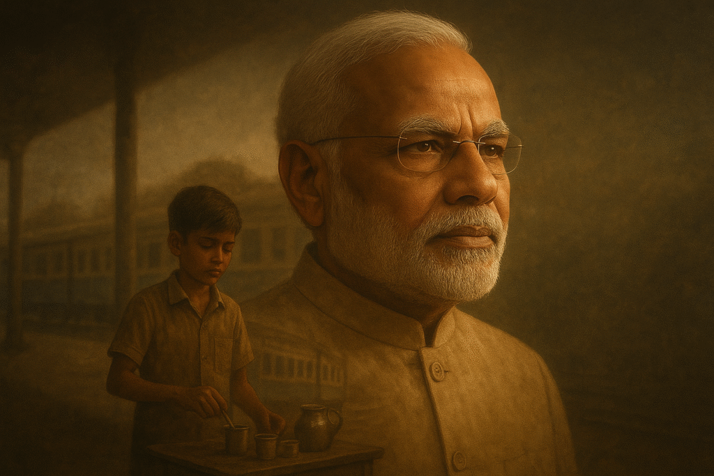 Artistic double exposure portrait blending PM Modi's face with a nostalgic image of a young boy selling tea at Vadnagar station.