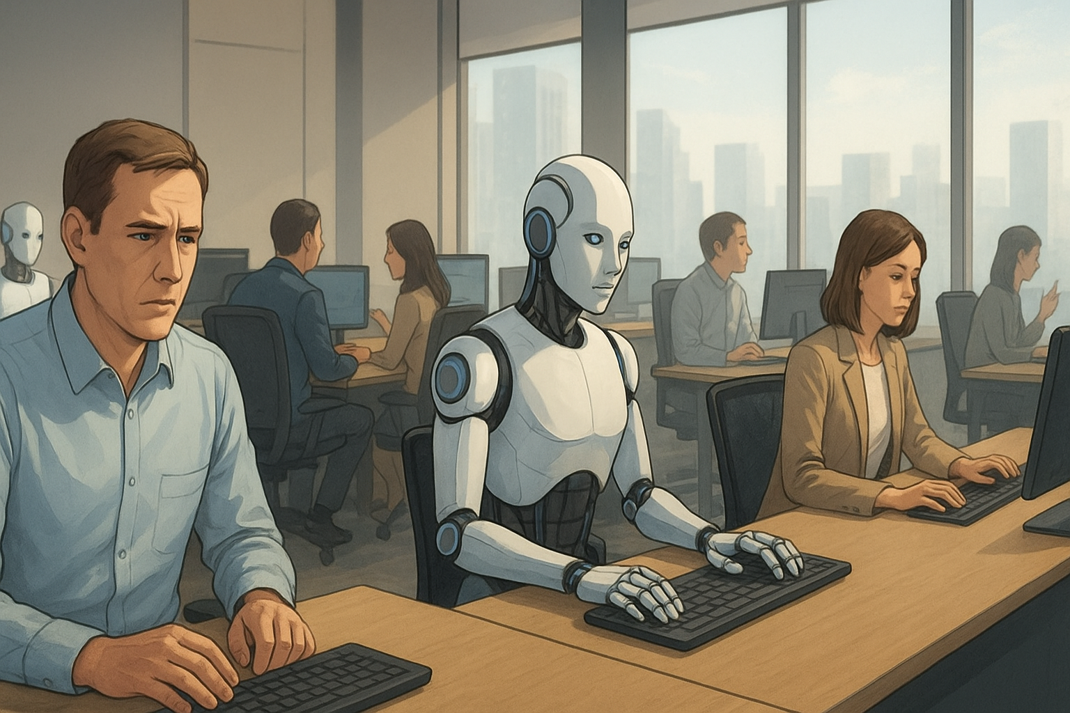 Human employees working on computers alongside humanoid robots in a modern office.