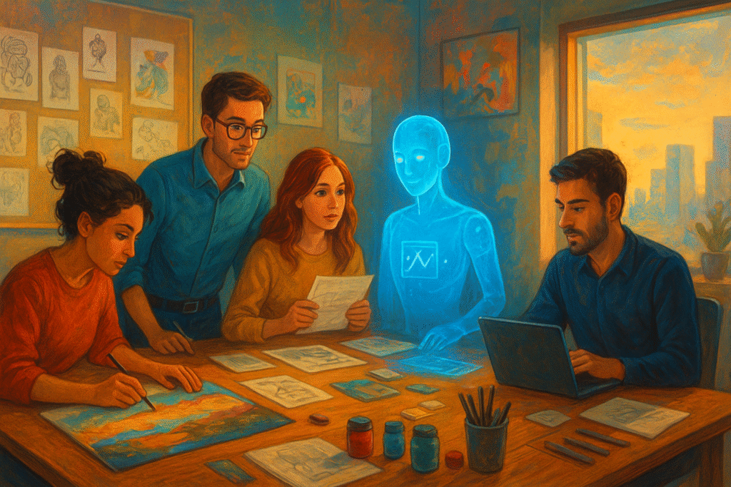 Artists and writers collaborating in a studio with an AI hologram providing suggestions.