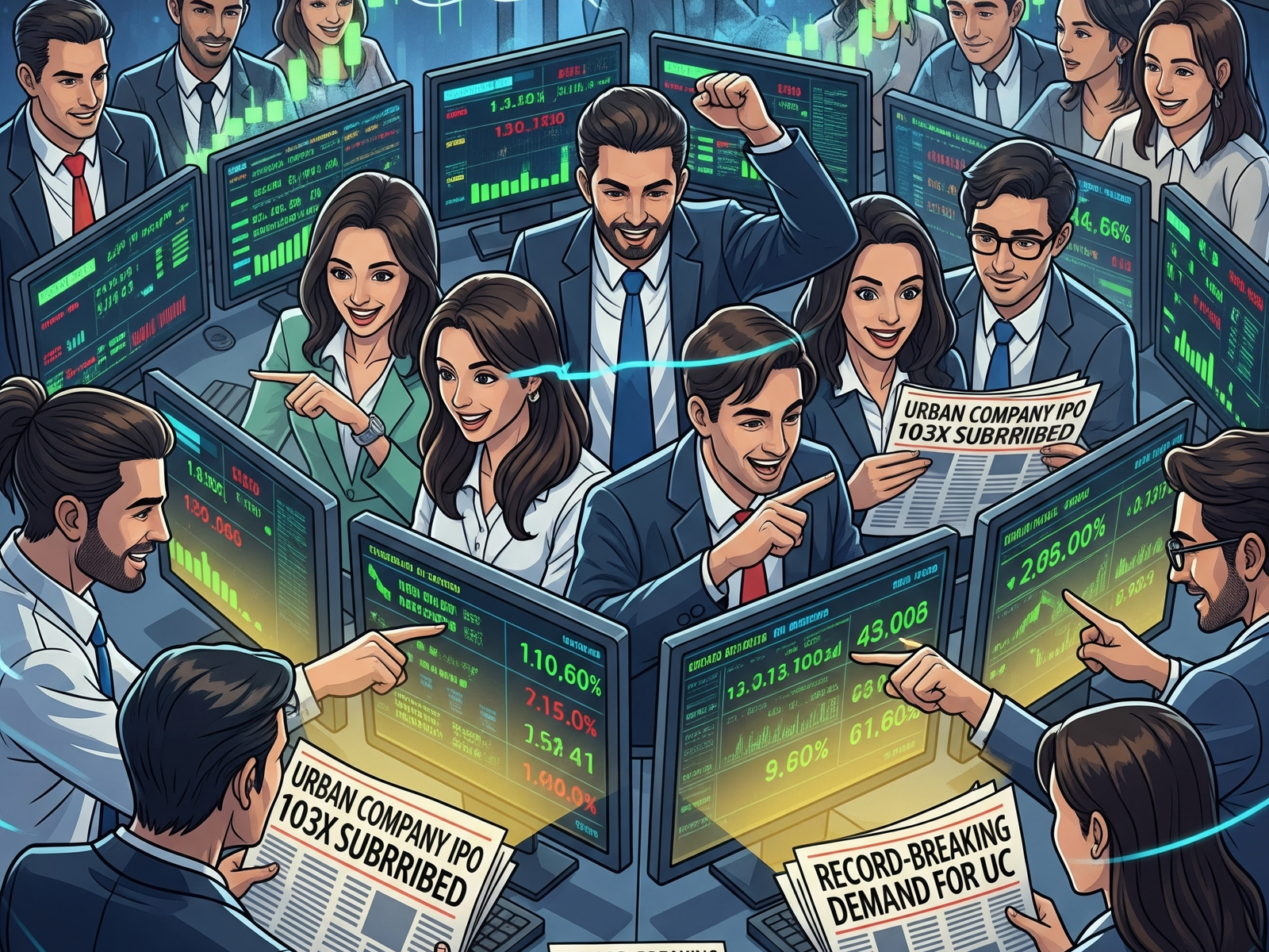 Investors track Urban Company IPO subscription numbers on stock market terminals