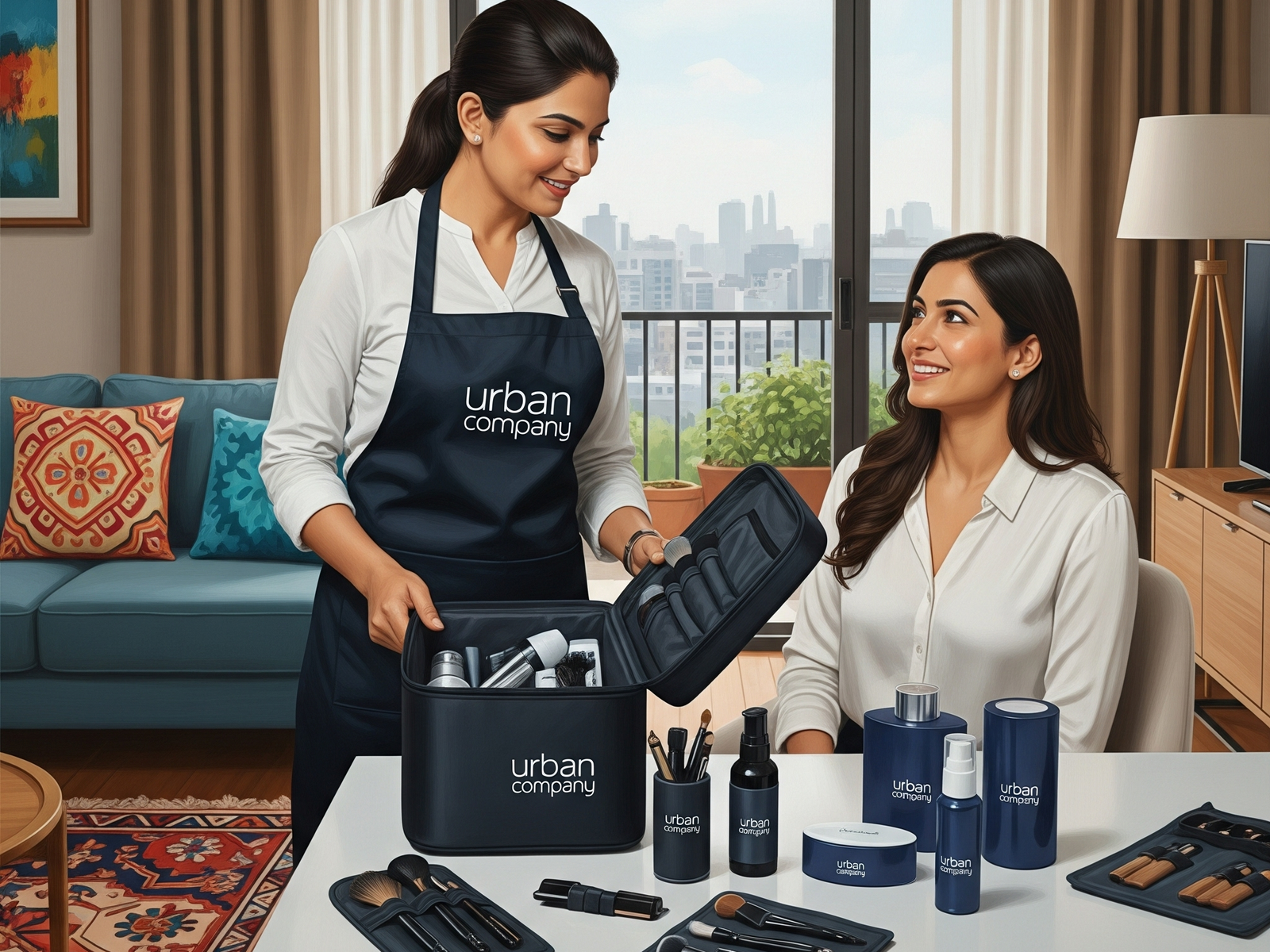 Urban Company beautician providing at-home service to a smiling customer