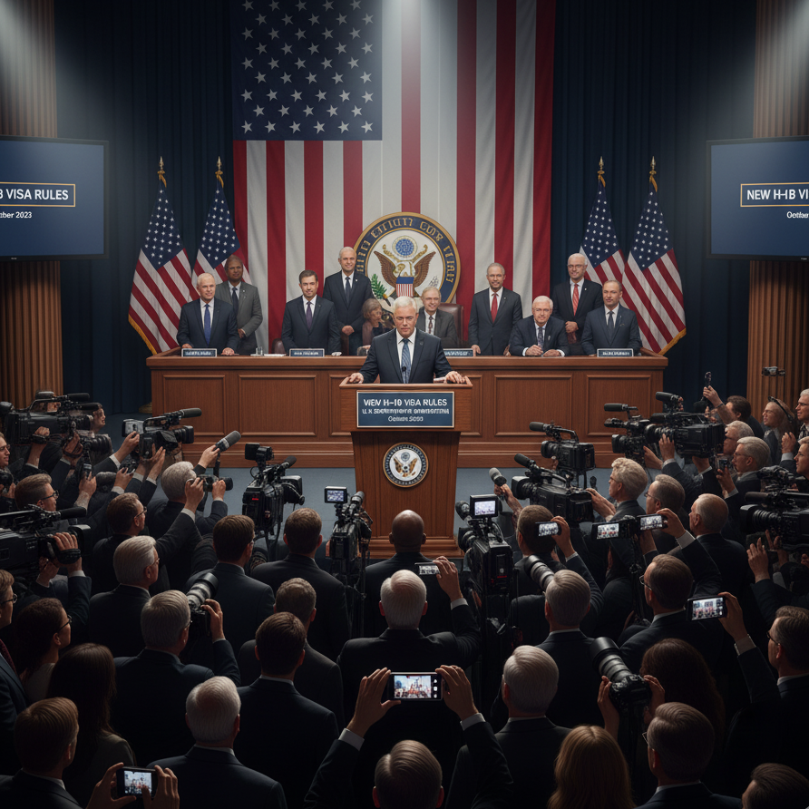 Modern U.S. tech office showing employees at work alongside empty desks labeled H-1B Visa Pending.
