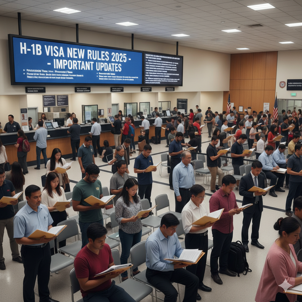 Immigration office filled with diverse foreign workers waiting with H-1B visa documents under new rules in 2025.