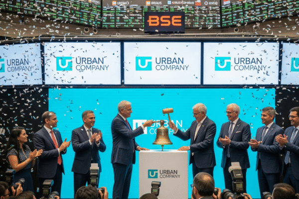 Urban Company executives ring the bell at Bombay Stock Exchange during IPO launch