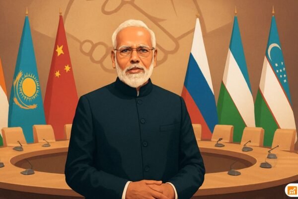 Prime Minister Narendra Modi at SCO 2025 summit with flags and handshake symbolizing successful talks.