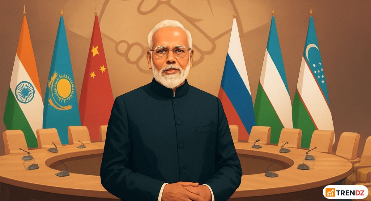 Prime Minister Narendra Modi at SCO 2025 summit with flags and handshake symbolizing successful talks.