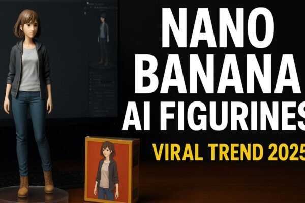 Crazy Viral Nano Banana AI Figurines 2025 trend showing realistic collectible toy with packaging box and computer desk background