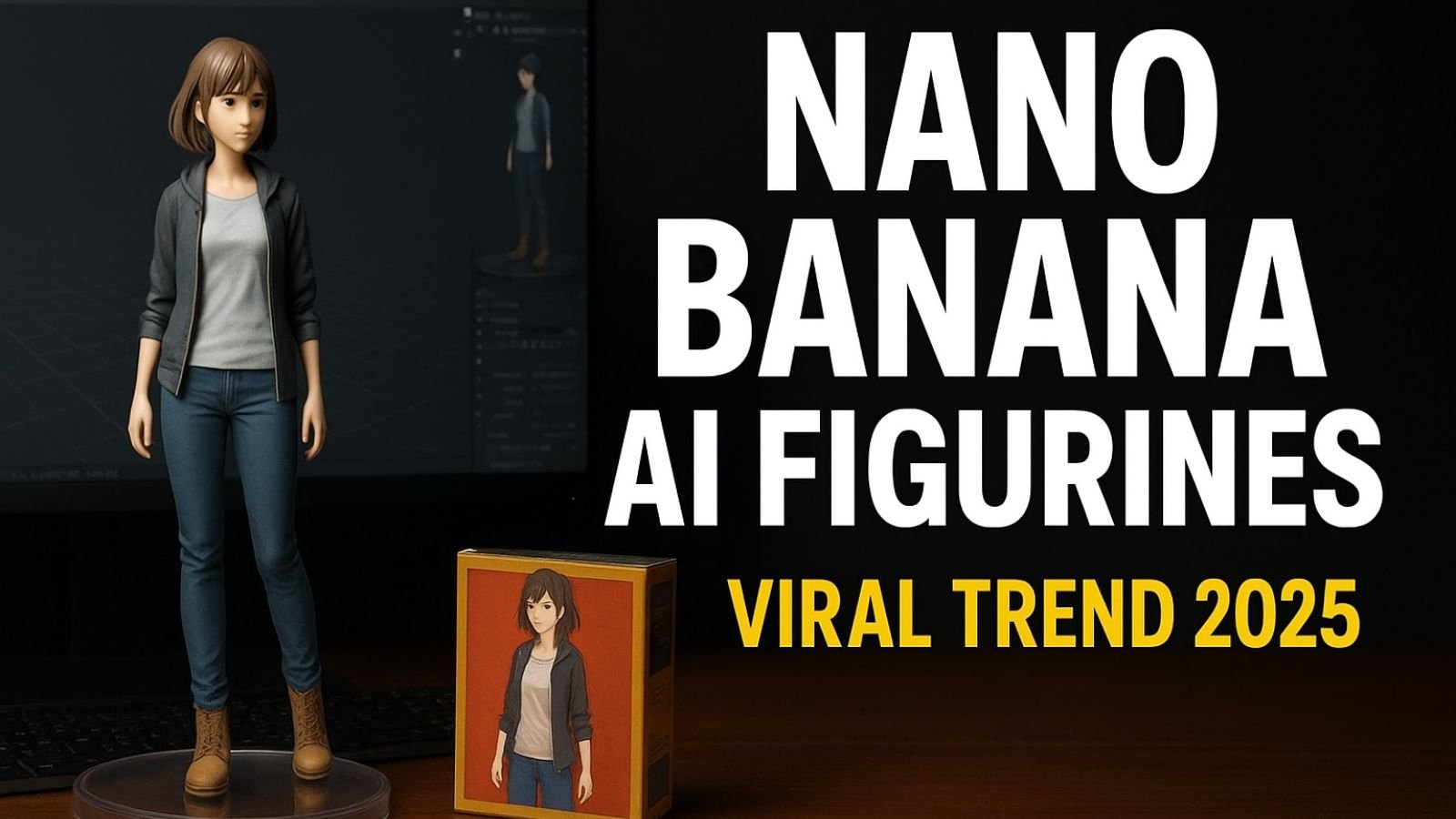 Crazy Viral Nano Banana AI Figurines 2025 trend showing realistic collectible toy with packaging box and computer desk background