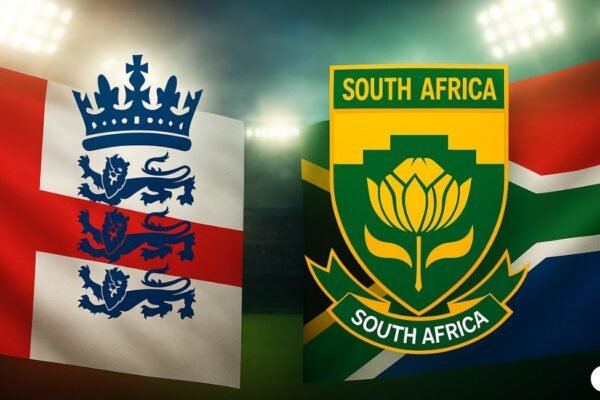 England and South Africa cricket team logos with national flags in the background for ODI 2025.