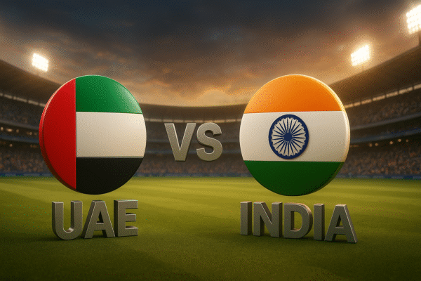 UAE vs India match graphic featuring metallic national emblems in a cricket stadium with cinematic lighting and packed stands.