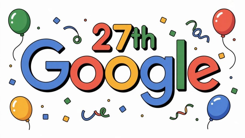 Google’s 27th birthday doodle featuring retro logo with festive decorations.