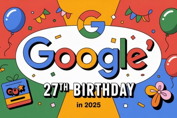 Google’s 27th birthday illustrated with retro 1998 logo, balloons, and confetti.