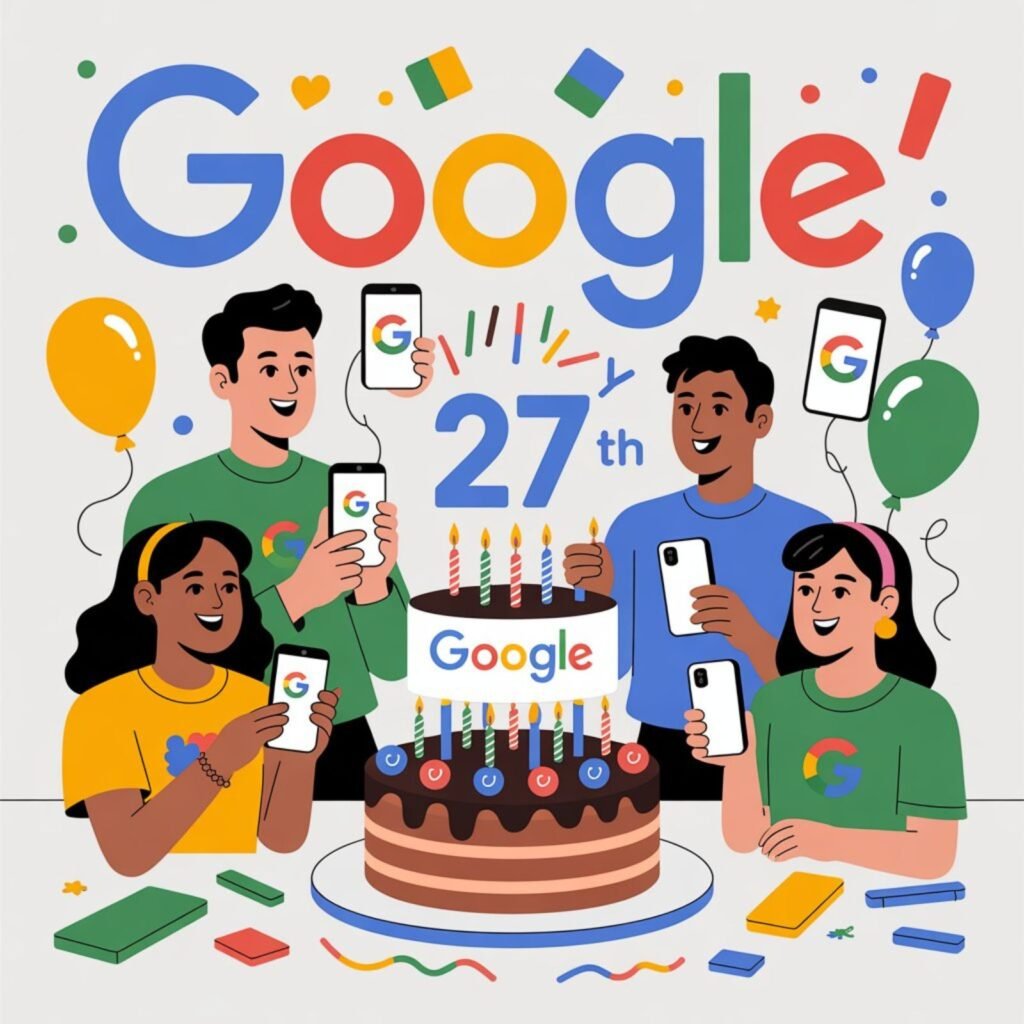 Illustration of people celebrating Google’s 27th birthday with cake, balloons, and social media messages.