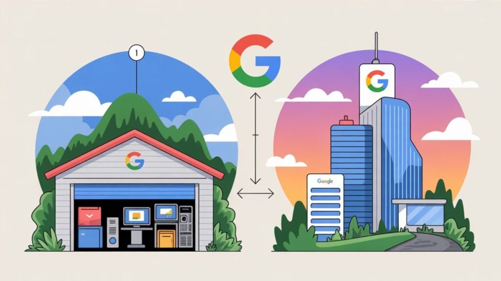 Visual illustration showing Google’s growth from garage startup to global tech giant.