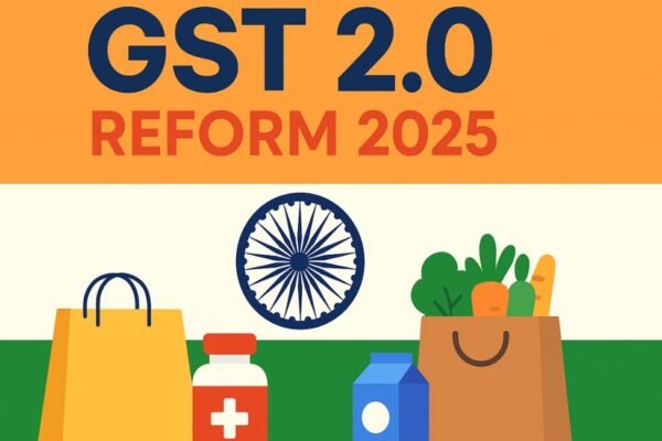GST 2.0 India reform showing cheaper essentials and tricolor background