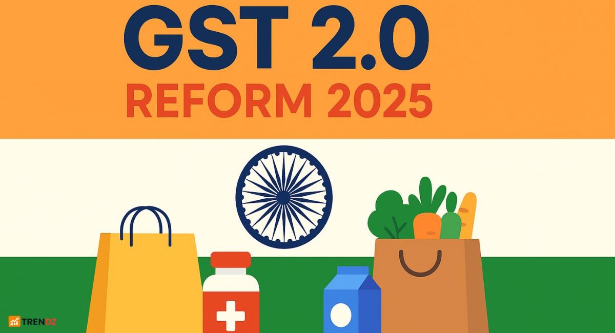 GST 2.0 India reform showing cheaper essentials and tricolor background