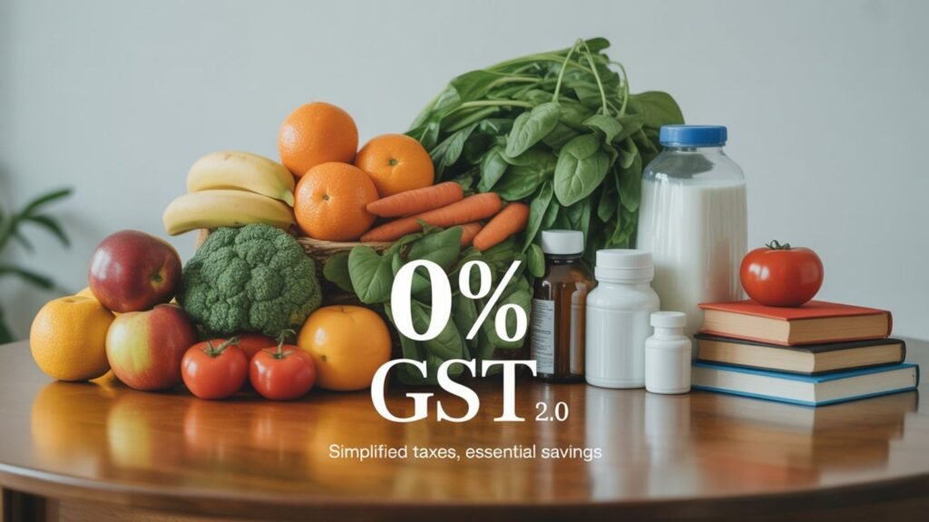 Essential goods under 0% GST including food, books, and medicines