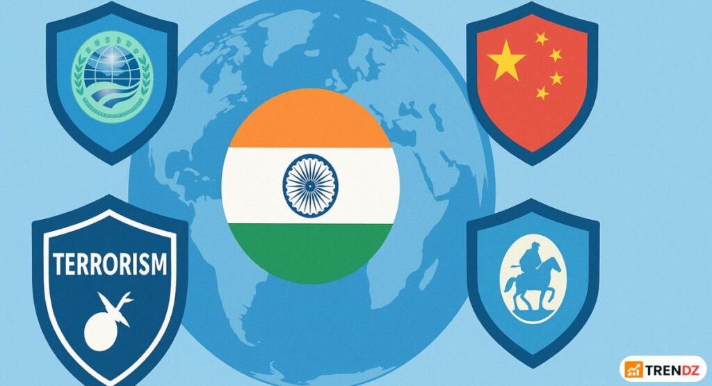 Global security shield illustration highlighting India’s counter-terrorism agenda at SCO 2025.