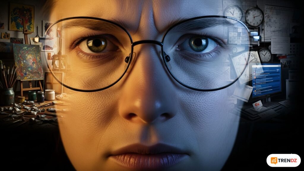 A dramatic, hyper-realistic photo depicting a person experiencing intense internal conflict. Their face is lit from two sides, reflecting the struggle between the distracting pull of creative ideas and the overwhelming pressure of deadlines and admin work, a key problem the Two-Brain Rule solves.