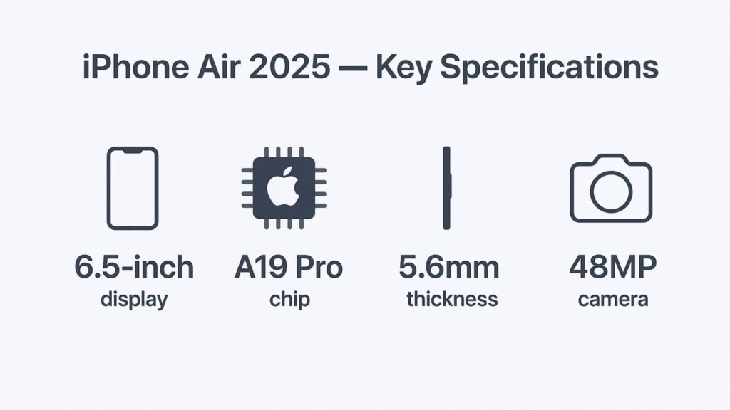 Infographic of iPhone Air 2025 specifications including screen, chip, thickness, and camera