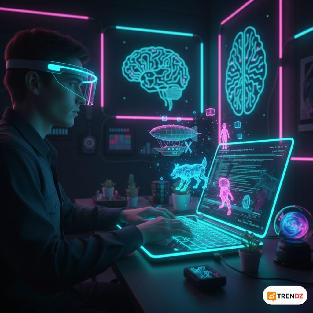 Creative workspace with person typing AI prompts on laptop with holographic 3D figurines floating above