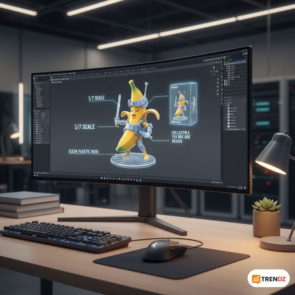 3D modeling interface showing a banana-themed AI figurine being designed with annotations