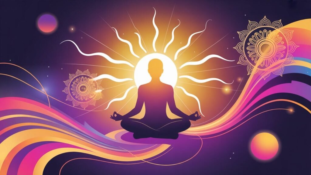 Illustration of positive energy from Navratri 2025 affecting work and career, meditation and planets