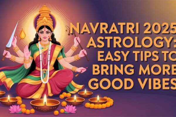 Vibrant thumbnail-style image of Goddess Durga for Navratri 2025 astrology with festival decorations and bold text