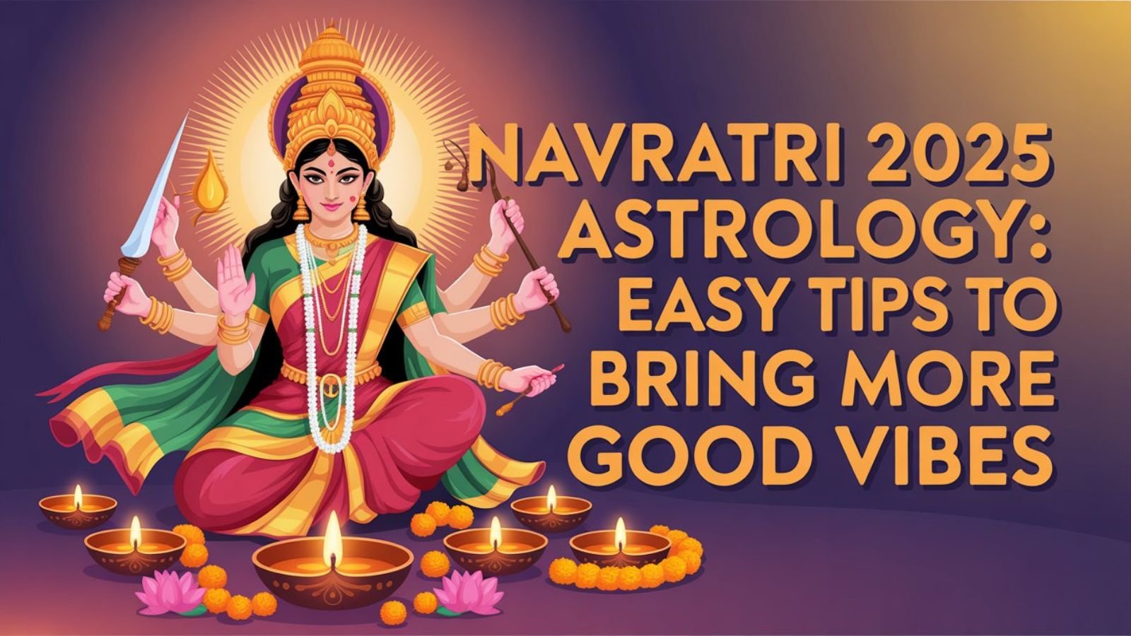 Vibrant thumbnail-style image of Goddess Durga for Navratri 2025 astrology with festival decorations and bold text