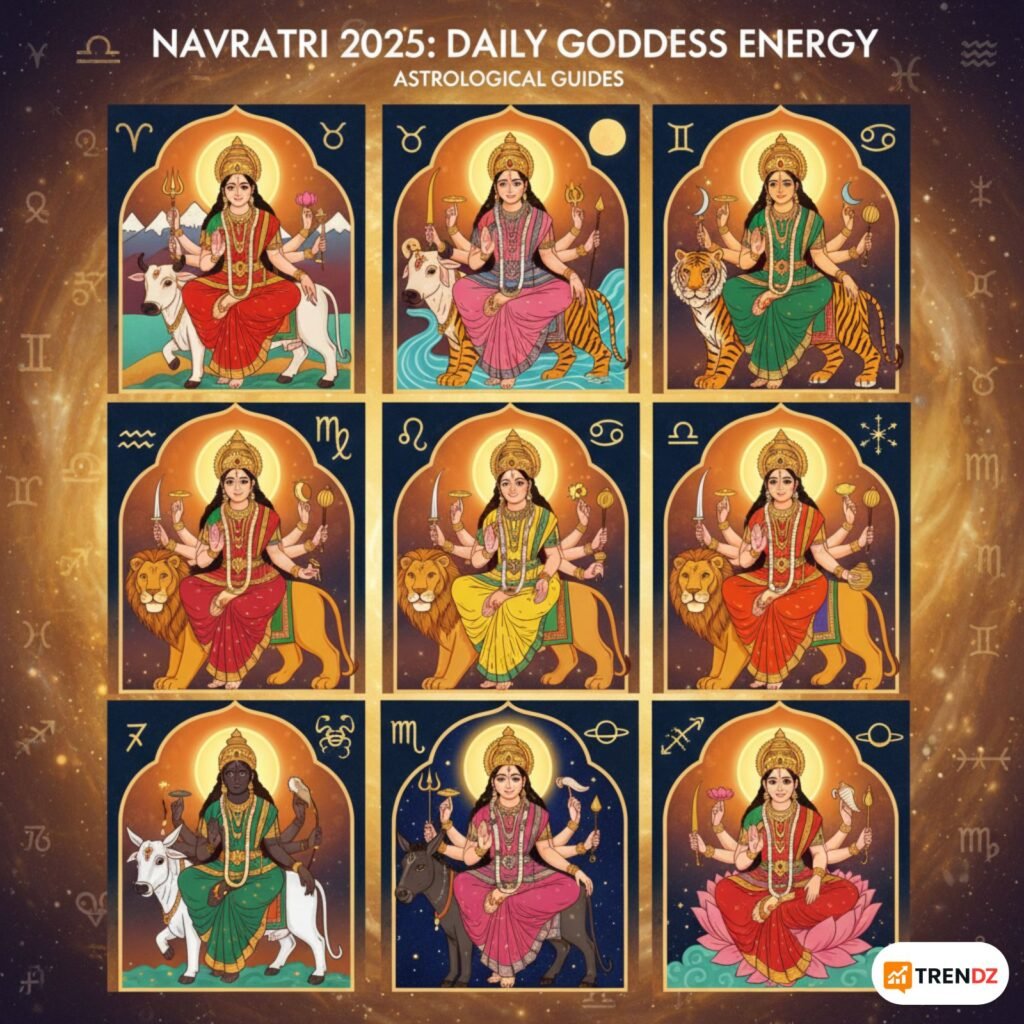 Illustration of nine forms of Goddess Durga with astrological symbols for Navratri 2025