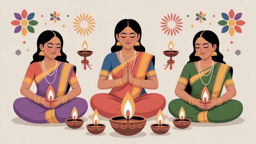 Illustration of beginner-friendly Navratri rituals including diyas, mantras, meditation