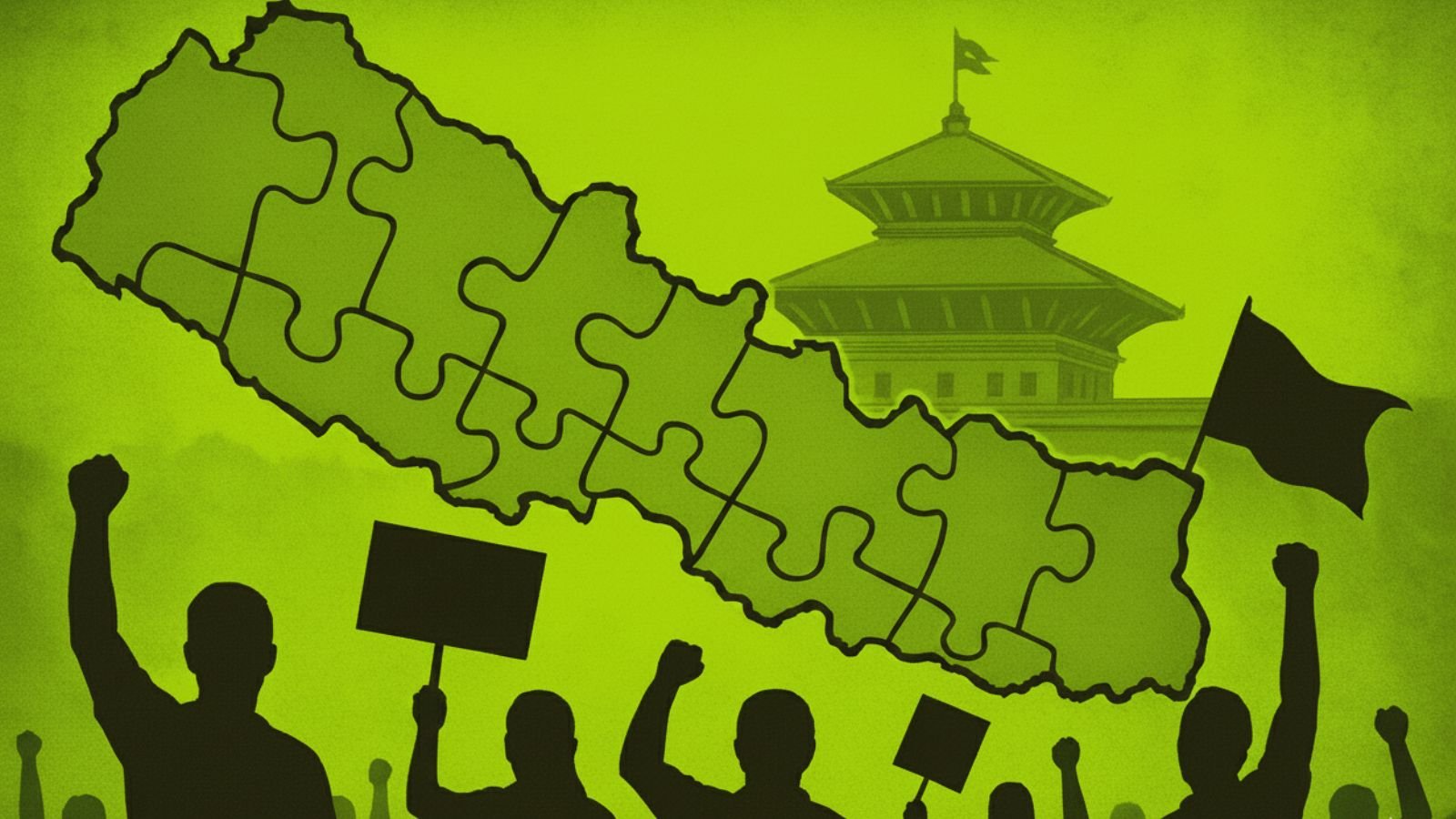 Nepal map breaking into puzzle pieces symbolizing political instability.