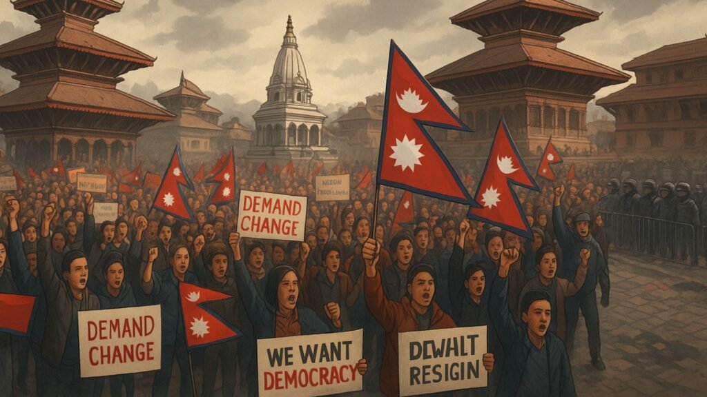  Mass protests at Durbar Square in Kathmandu with Nepali flags and banners.

